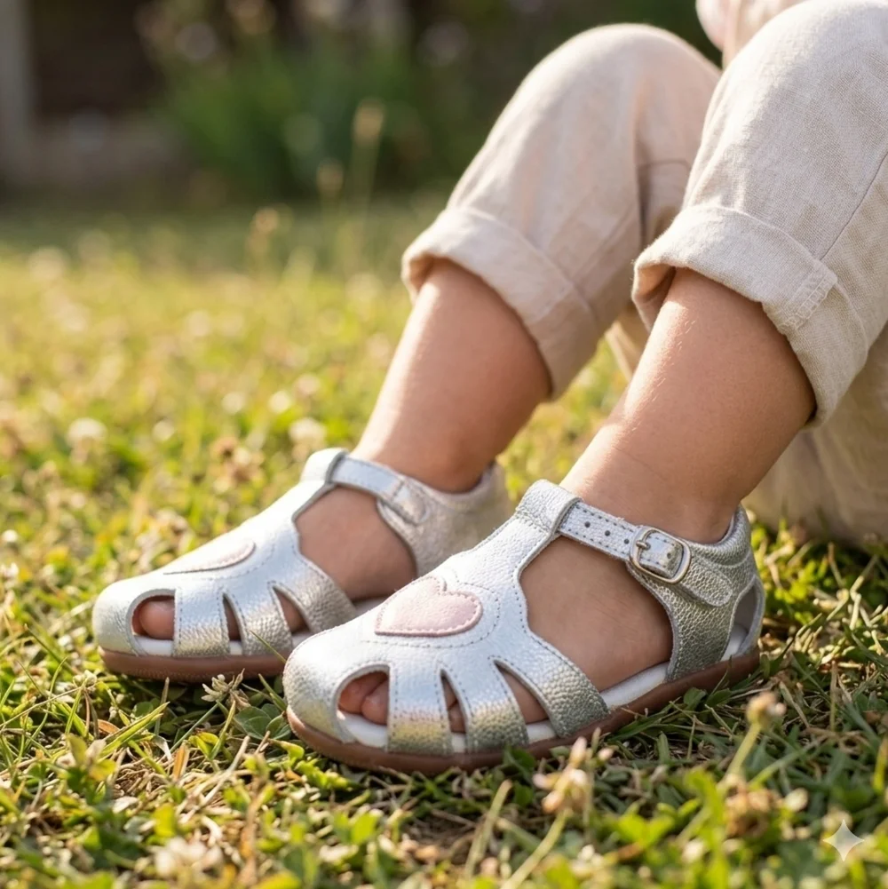 Two Pretty Handcrafted Silver Leather Sandals With Pink Heart